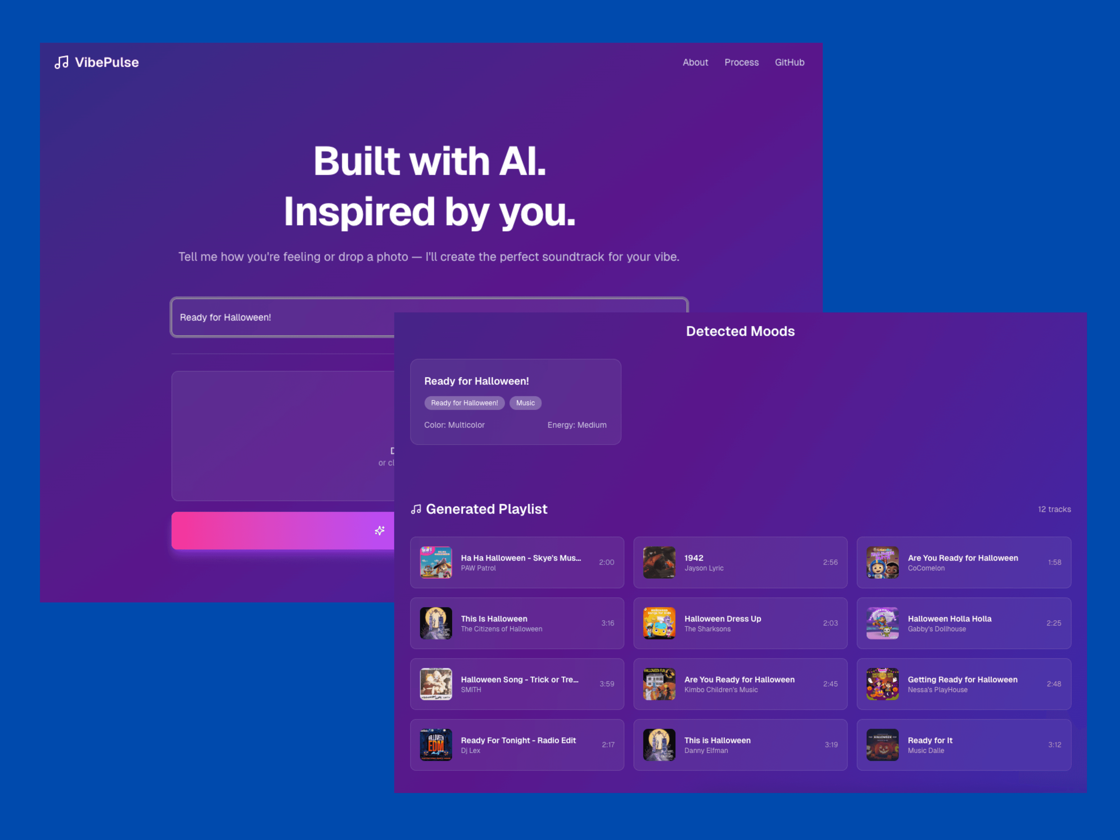 A screenshot of VibePulse AI Playlist Generator application showing the home layout.