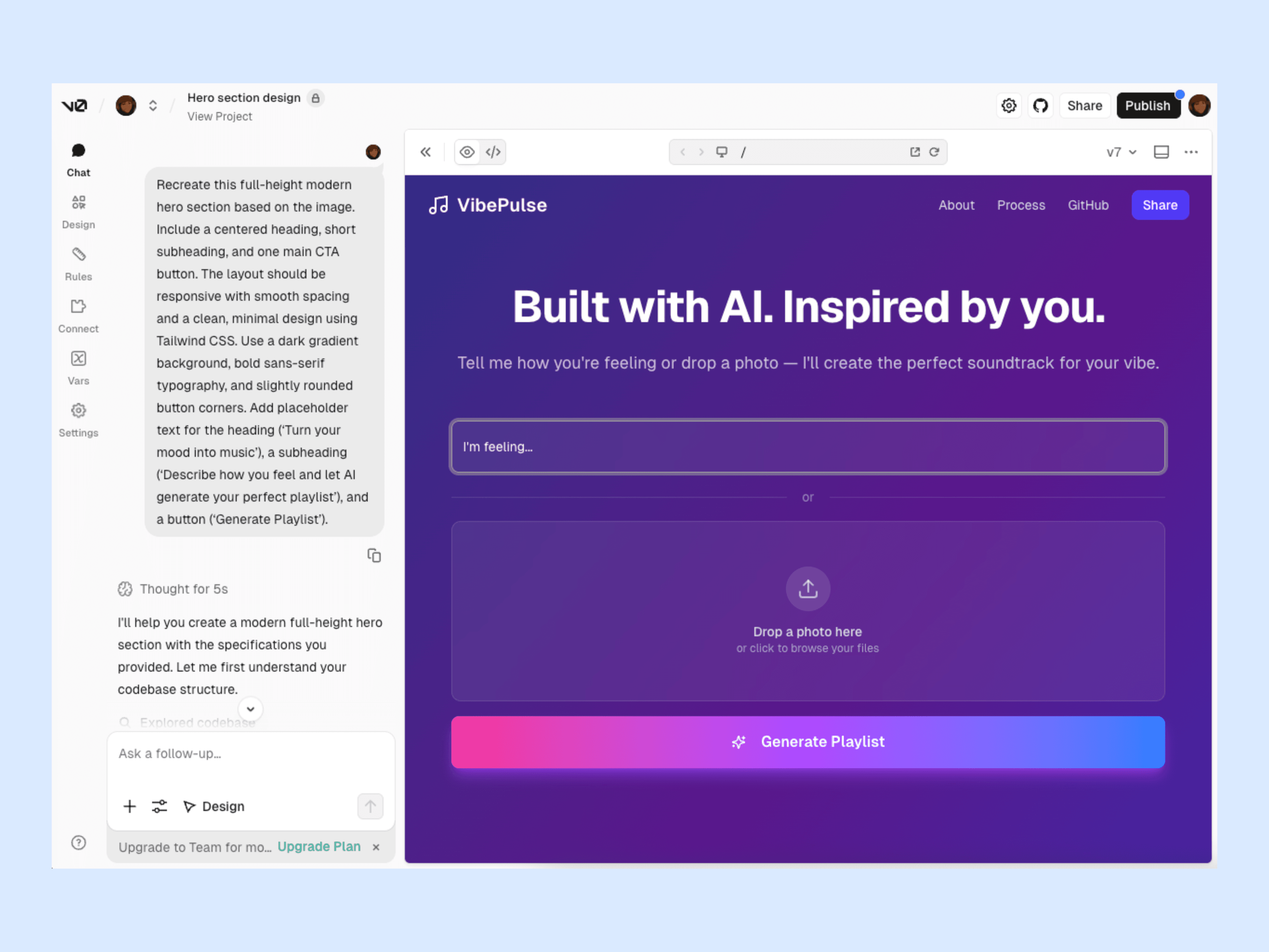 A screenshot of VibePulse AI Playlist Generator application showing the generated playlist.